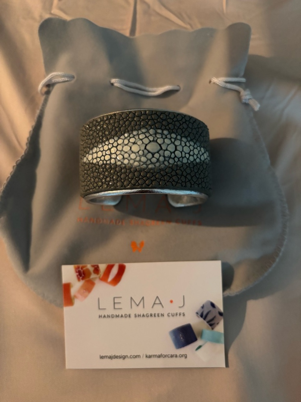 Gray Stingray Leather Cuff Bracelet with Silver Accents